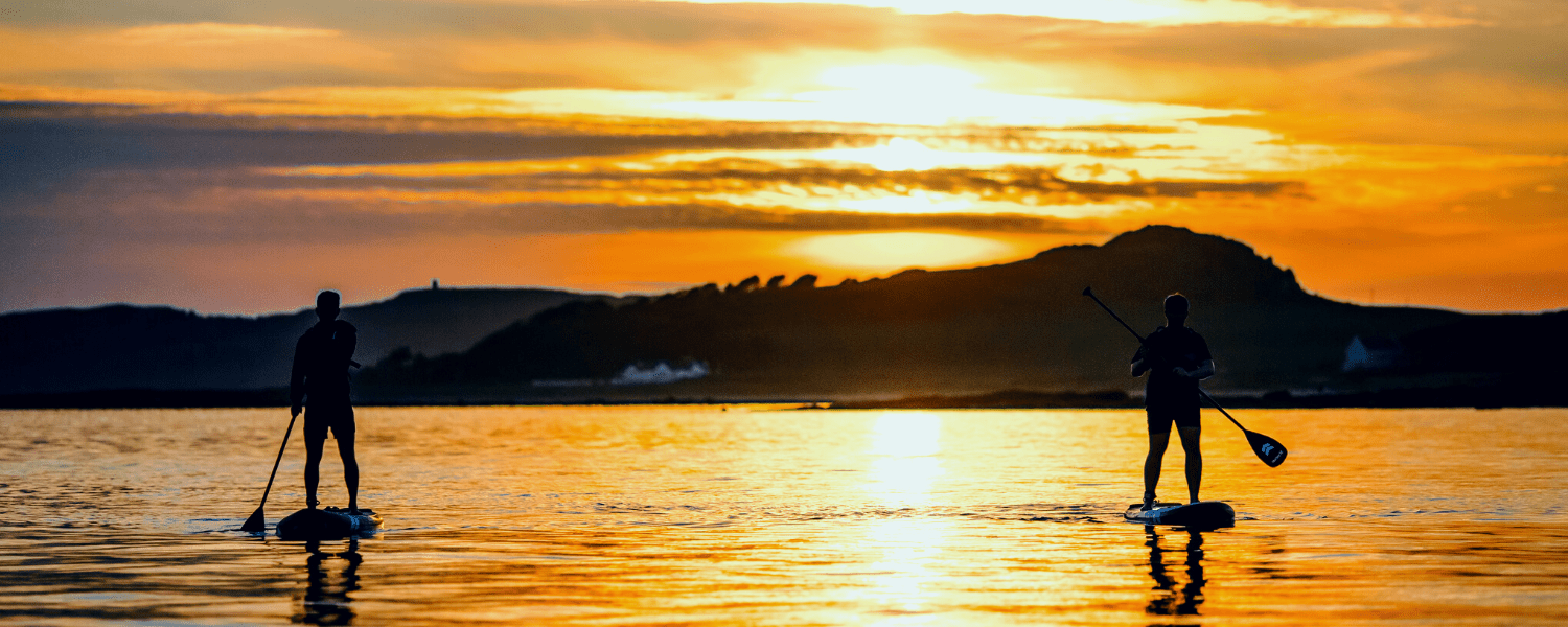 pair of paddle boarders paddling in a sunset