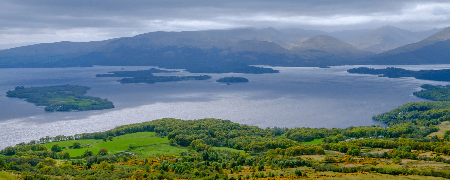 view of a large loch with islands