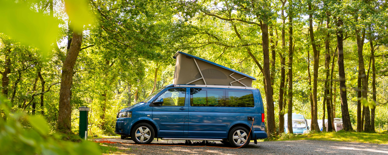 A blue motorhome parked up in a woody area on the conniston campsite