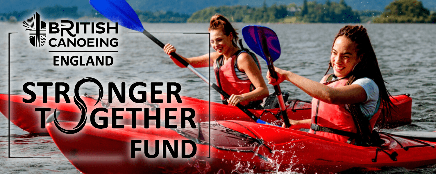 two people paddling with the stronger together fund logo