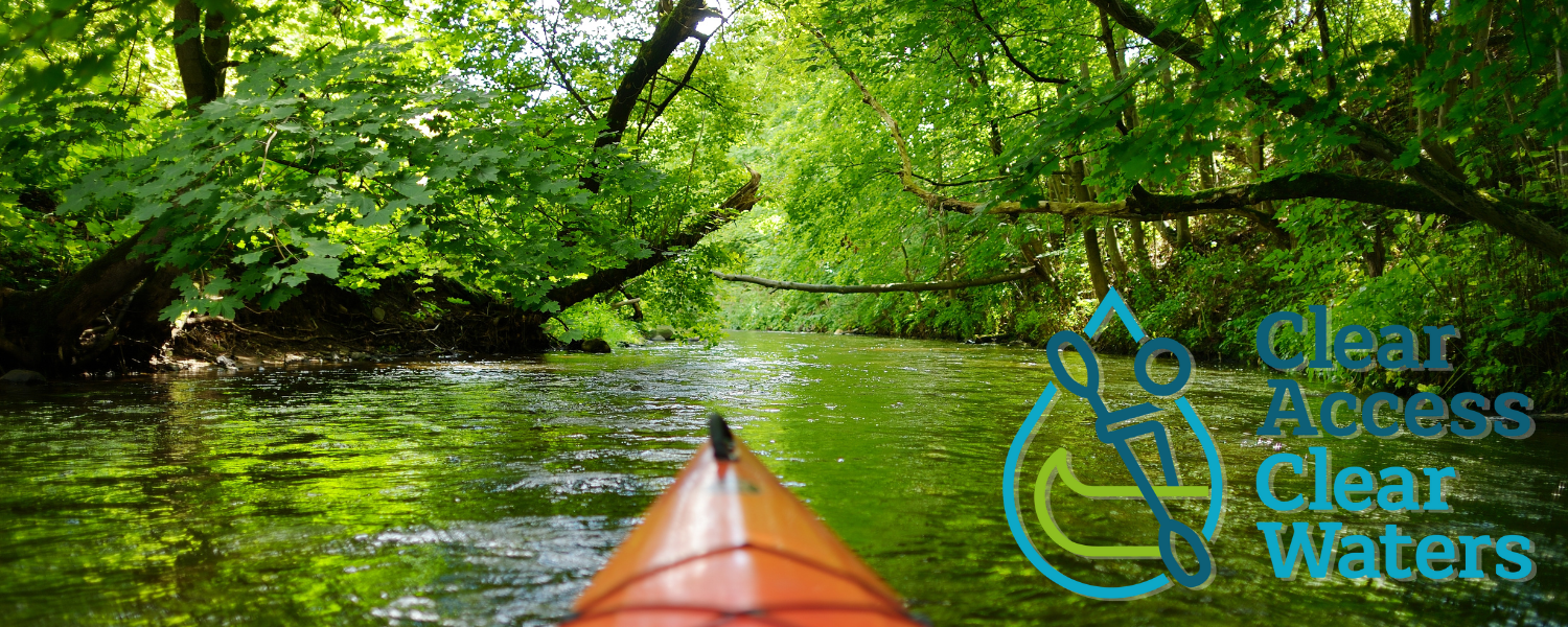 a kayak making its way down a clear river surrounded by greenery