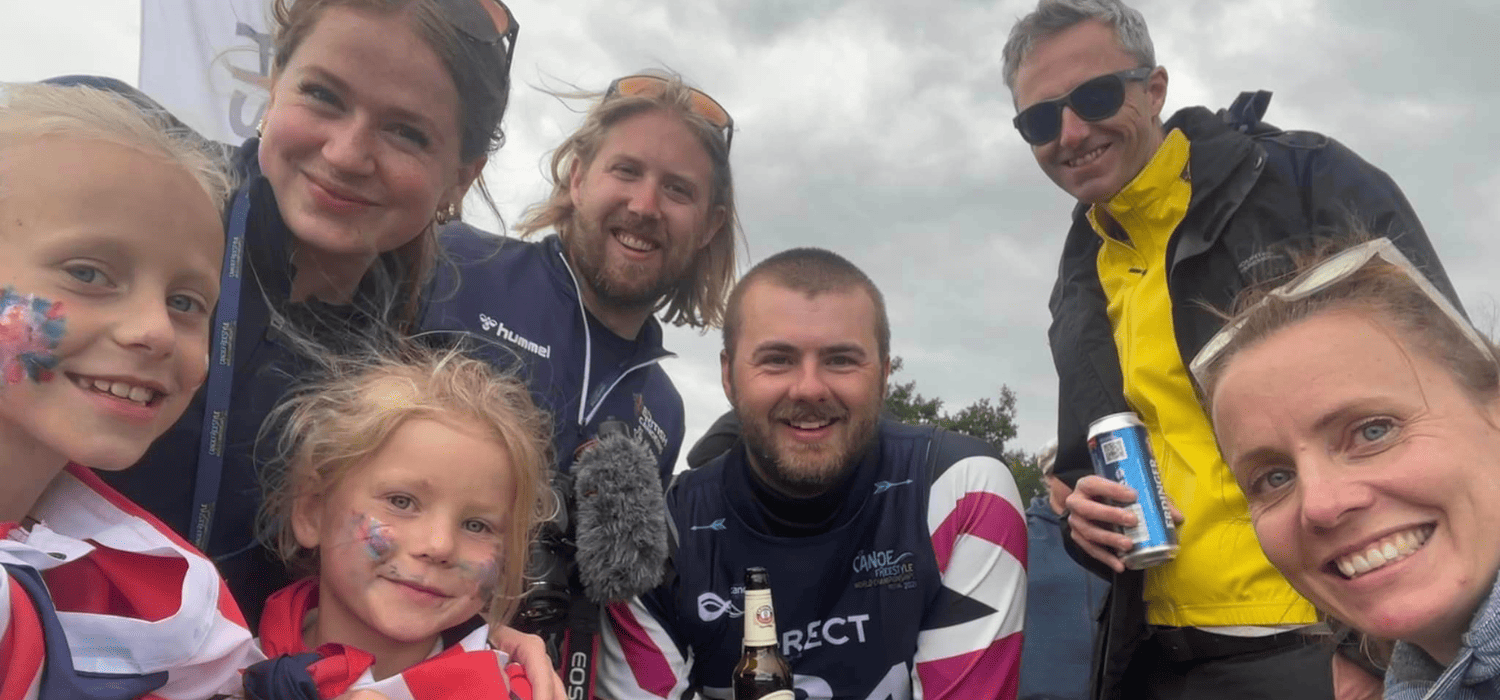 james smiling with a group of friends after competing at world champs