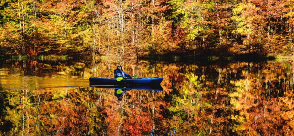 Female kayaker paddling in autumn